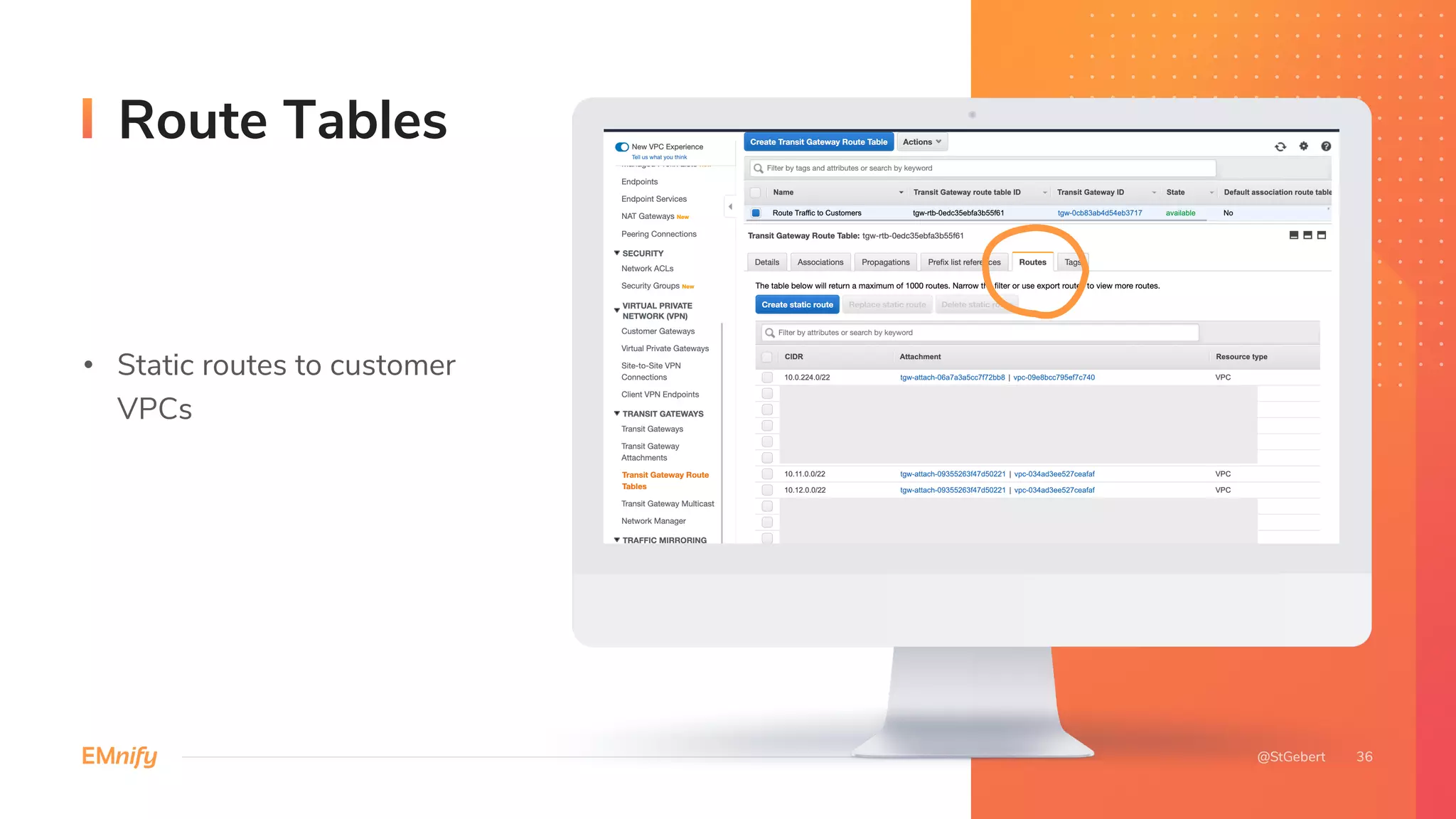 • Static routes to customer
VPCs
Route Tables
 