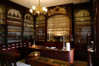 Pharmacy with vintage-type wooden cabinets 