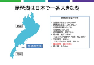 琵琶湖は日本で一番大きな湖
北湖
南湖
琵琶湖⼤橋
琵琶湖の定量的特性
• 滋賀県の⾯積︓4,017km2
• 琵琶湖の⾯積︓670.25km2
（滋賀県⾯積の約1/6）
（淡路島より少し⼤）
• 湖岸線延⻑︓約235km
• 貯⽔量︓約275億m3
北湖︓約273億m3、南湖︓約２億m3
• 平均深度︓約41m
北湖︓約43m、南湖︓約４m
• 最⼤深度︓103.58m
• 最⼩幅︓1.34km
 