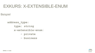 Beispiel
address_type:
type: string
x-extensible-enum:
- private
- business
EXKURS: X-EXTENSIBLE-ENUM
 