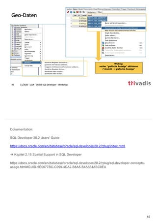 Dokumentation:
SQL Developer 20.2 Users' Guide
https://docs.oracle.com/en/database/oracle/sql-developer/20.2/rptug/index.html
à Kapitel 2.16 Spatial Support in SQL Developer
https://docs.oracle.com/en/database/oracle/sql-developer/20.2/rptug/sql-developer-concepts-
usage.html#GUID-5E0677BC-C099-4CA2-B8A5-B4A664ABC0EA
46
 