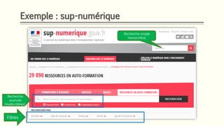 Exemple : sup-numérique
Recherche simple
monocritère
Filtres
Recherche
avancée
(multicritères)
 