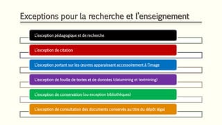 Exceptions pour la recherche et l’enseignement
L’exception pédagogique et de recherche
L’exception de citation
L’exception portant sur les œuvres apparaissant accessoirement à l’image
L’exception de fouille de textes et de données (datamining et textmining)
L’exception de conservation (ou exception bibliothèques)
L’exception de consultation des documents conservés au titre du dépôt légal
 