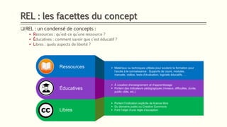 REL : les facettes du concept
❑ REL : un condensé de concepts :
▪ Ressources : qu’est-ce qu’une ressource ?
▪ Éducatives : comment savoir que c’est éducatif ?
▪ Libres : quels aspects de liberté ?
▪ Matériaux ou techniques utilisés pour soutenir la formation pour
l’accès à la connaissance : Supports de cours, modules,
manuels, vidéos, tests d’évaluation, logiciels éducatifs, …
▪ À vocation d’enseignement et d’apprentissage
▪ Portent des indicateurs pédagogiques (niveaux, difficultés, durée,
public cible, etc.)
▪ Portent l’indication explicite de licence libre
▪ Du domaine public ou Creative Commons
▪ Font l’objet d’une règle d’exception
Ressources
Éducatives
Libres
 
