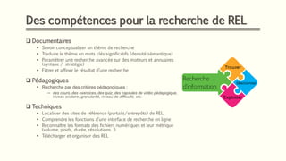 Des compétences pour la recherche de REL
❑ Documentaires
▪ Savoir conceptualiser un thème de recherche
▪ Traduire le thème en mots clés significatifs (densité sémantique)
▪ Paramétrer une recherche avancée sur des moteurs et annuaires
(syntaxe / stratégie)
▪ Filtrer et affiner le résultat d’une recherche
❑ Pédagogiques
▪ Recherche par des critères pédagogiques :
─ des cours, des exercices, des quiz, des capsules de vidéo pédagogique,
niveau scolaire, granularité, niveau de difficulté, etc.
❑ Techniques
▪ Localiser des sites de référence (portails/entrepôts) de REL
▪ Comprendre les fonctions d’une interface de recherche en ligne
▪ Reconnaître les formats des fichiers numériques et leur métrique
(volume, poids, durée, résolutions…)
▪ Télécharger et organiser des REL
 