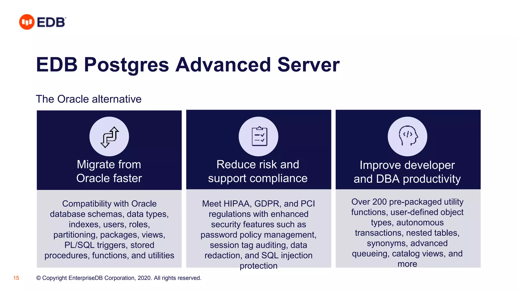 © Copyright EnterpriseDB Corporation, 2020. All rights reserved.15
EDB Postgres Advanced Server
Migrate from
Oracle faster
Reduce risk and
support compliance
Improve developer
and DBA productivity
The Oracle alternative
Compatibility with Oracle
database schemas, data types,
indexes, users, roles,
partitioning, packages, views,
PL/SQL triggers, stored
procedures, functions, and utilities
Meet HIPAA, GDPR, and PCI
regulations with enhanced
security features such as
password policy management,
session tag auditing, data
redaction, and SQL injection
protection
Over 200 pre-packaged utility
functions, user-defined object
types, autonomous
transactions, nested tables,
synonyms, advanced
queueing, catalog views, and
more
 