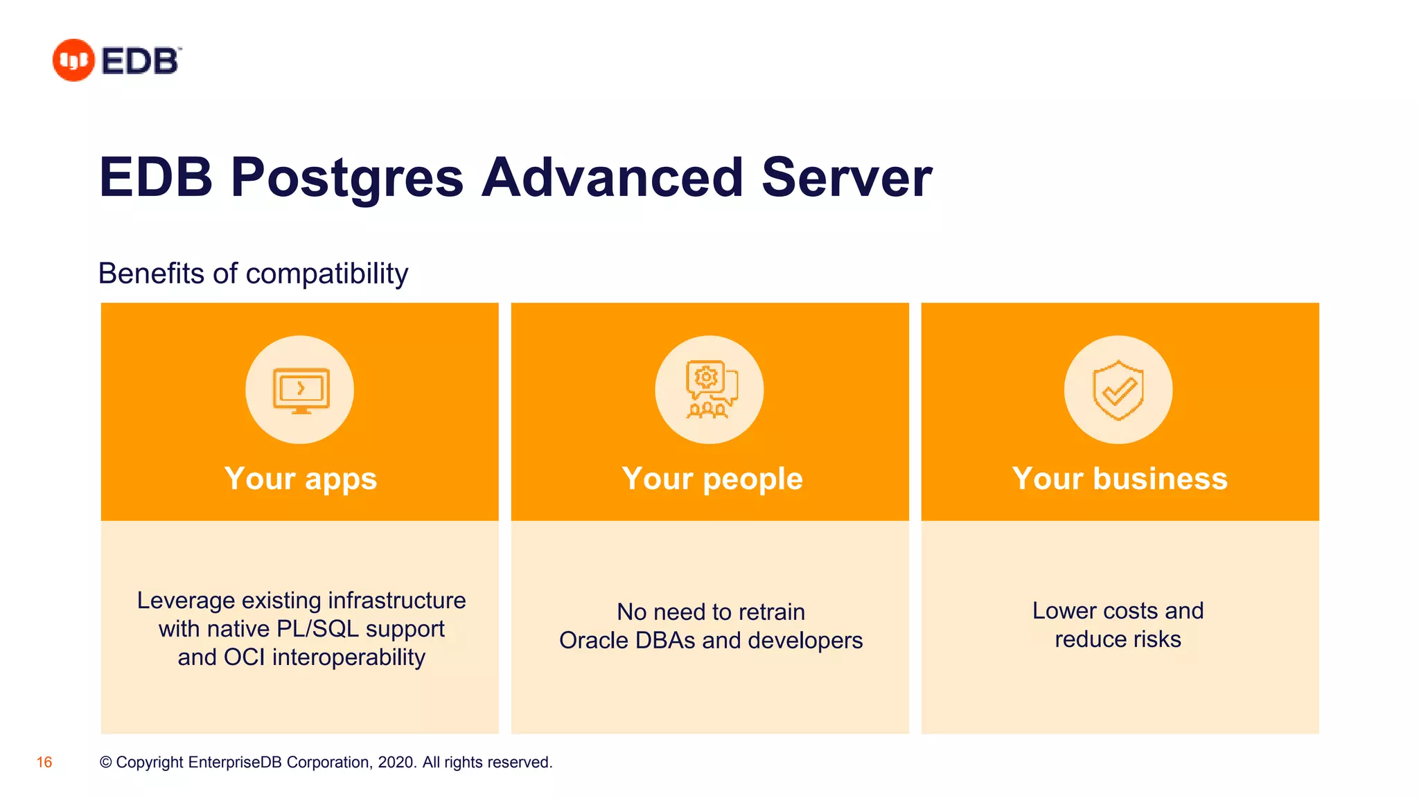 © Copyright EnterpriseDB Corporation, 2020. All rights reserved.16
EDB Postgres Advanced Server
Benefits of compatibility
Leverage existing infrastructure
with native PL/SQL support
and OCI interoperability
No need to retrain
Oracle DBAs and developers
Lower costs and
reduce risks
Your apps Your people Your business
 