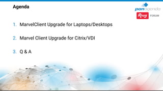 1. MarvelClient Upgrade for Laptops/Desktops
2. Marvel Client Upgrade for Citrix/VDI
3. Q & A
Agenda
 