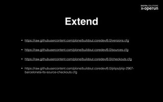 Extend
• https://raw.githubusercontent.com/plone/buildout.coredev/6.0/versions.cfg
• https://raw.githubusercontent.com/plo...