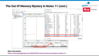 The Out Of Memory Mystery In Notes 11 (cont.)
• When we were testing, we found that out of memory errors were happening at...
