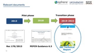 13
Relevant documents
2013 2018 2019-2022
Pilot phase Transition phase
Rec 179/2013 PEFCR Guidance 6.3 JRC Technical
Report
 