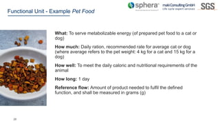 26
Functional Unit - Example Pet Food
What: To serve metabolizable energy (of prepared pet food to a cat or
dog)
How much:...