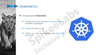 Ce que propose Kubernetes :
Création d’un cluster regroupant toutes les machines
(virtuelles ou physiques)
Pilotage du cluster par API
Division du cluster en namespace, afin d’isoler les
applications
KUBERNETES
 