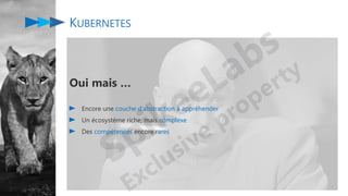 KUBERNETES
Oui mais …
Encore une couche d’abstraction à appréhender
Un écosystème riche, mais complexe
Des compétences encore rares
 