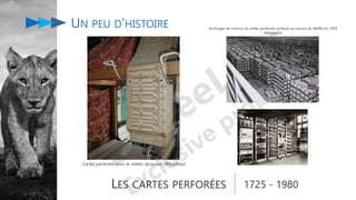 UN PEU D’HISTOIRE
LES CARTES PERFORÉES 1725 - 1980
Cartes perforées pour le métier Jacquard (Wikipédia)
Archivage de carto...