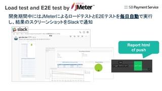 開発期間中にはJMeterによるロードテストとE2Eテストを毎日自動で実行
し、結果のスクリーンショットをSlackで通知
Report html
cf push
 