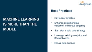BEST PRACTICES
• Have clear direction
• Enhance customer data
collection to improve targeting
• Start with a solid data strategy
• Leverage existing analytics and
BI dashboards
• Ethical data science
MACHINE LEARNING
IS MORE THAN THE
MODEL
Best Practices
 