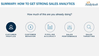 SUMMARY: HOW TO GET STRONG SALES ANALYTICS
How much of this are you already doing?
P I P E L I N E
A C C U R A C Y
S A L E S
P E R F O R M A N C E
C U S T O M E R
P R O F I L E S
C U S T O M E R
B E H A V I O R
S A L E S
T A R G E T I N G
 