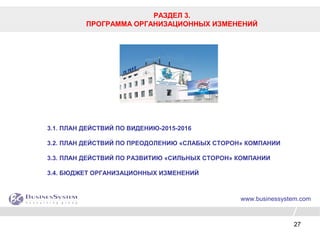 27
РАЗДЕЛ 3.
ПРОГРАММА ОРГАНИЗАЦИОННЫХ ИЗМЕНЕНИЙ
www.businessystem.com
3.1. ПЛАН ДЕЙСТВИЙ ПО ВИДЕНИЮ-2015-2016
3.2. ПЛАН ДЕЙСТВИЙ ПО ПРЕОДОЛЕНИЮ «СЛАБЫХ СТОРОН» КОМПАНИИ
3.3. ПЛАН ДЕЙСТВИЙ ПО РАЗВИТИЮ «СИЛЬНЫХ СТОРОН» КОМПАНИИ
3.4. БЮДЖЕТ ОРГАНИЗАЦИОННЫХ ИЗМЕНЕНИЙ
 