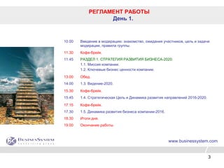 3
РЕГЛАМЕНТ РАБОТЫ
День 1.
10.00 Введение в модерацию: знакомство, ожидания участников, цель и задачи
модерации, правила группы.
11.30 Кофе-брейк.
11.45 РАЗДЕЛ 1. СТРАТЕГИЯ РАЗВИТИЯ БИЗНЕСА-2020.
1.1. Миссия компании.
1.2. Ключевые бизнес ценности компании.
13.00 Обед.
14.00 1.3. Видение-2020.
15.30 Кофе-брейк.
15.45 1.4. Стратегическая Цель и Динамика развития направлений 2016-2020.
17.15 Кофе-брейк.
17.30 1.5. Динамика развития бизнеса компании-2016.
18.30 Итоги дня.
19.00 Окончание работы.
www.businessystem.com
 