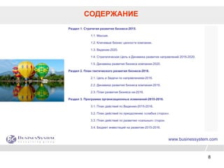 8
Раздел 1. Стратегия развития бизнеса-2015.
1.1. Миссия.
1.2. Ключевые бизнес ценности компании.
1.3. Видение-2020.
1.4. Стратегическая Цель и Динамика развития направлений 2016-2020.
1.5. Динамика развития бизнеса компании-2020.
Раздел 2. План тактического развития бизнеса-2016.
2.1. Цель и Задачи по направлениям-2016.
2.2. Динамика развития бизнеса компании-2016.
2.3. План развития бизнеса на-2016.
Раздел 3. Программа организационных изменений-2015-2016.
3.1. План действий по Видению-2015-2016.
3.2. План действий по преодолению «слабых сторон».
3.3. План действий по развитию «сильных» сторон.
3.4. Бюджет инвестиций на развитие-2015-2016.
СОДЕРЖАНИЕ
www.businessystem.com
 