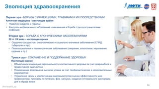 Эволюция здравоохранения
Первая эра - БОРЬБА С ИНФЕКЦИЯМИ, ТРАВМАМИ И ИХ ПОСЛЕДСТВИЯМИ
Античная медицина - настоящее время
•  Развитие хирургии и терапии
•  Контроль инфекционных заболеваний - вакцинация и борьба с распространителями
инфекций
Вторая эра - БОРЬБА С ХРОНИЧЕСКИМИ ЗАБОЛЕВАНИЯМИ
50 гг. ХХ века - настоящее время
•  Сердечно-сосудистые, онкологические и социально-значимые заболевания (СПИД,
туберкулез и пр.)
•  Психосоциальные и психиатрические заболевания (ожирение, алкоголизм, наркомания,
курение и пр.)
Третья эра - СОХРАНЕНИЕ И ПОДДЕРЖАНИЕ ЗДОРОВЬЯ
Настоящее время
•  Объективное измерение персонального и коллективного здоровья за счет доврачебной и
превентивной диагностики
•  Поддержание здоровья на высоком уровне за счет профилактических и оздоровительных
мероприятий
•  Управление своим и коллективным здоровьем путем оценки эффективности мер
профилактики, программ по питанию, физ. нагрузок, создания оптимального распорядка
дня и образа жизни
16	
  
#mHealthLab	
  
 