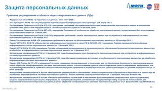 Защита персональных данных
46	
  
Правовое регулирование в области защиты персональных данных (ПДн)
•  Федеральный закон №152 «О персональных данных» от 27 июля 2006 г.
•  Указ Президента РФ № 188 «Об утверждении перечня сведений конфиденциального характера» от 6 марта 1997 г.
•  Постановление Правительства РФ № 512 «Об утверждении требований к материальным носителям биометрических персональных данных и технологиям
хранения таких данных вне информационных систем персональных данных» от 06 июля 2008 г.
•  Постановление Правительства РФ № 687 «Об утверждении Положения об особенностях обработки персональных данных, осуществляемой без использования
средств автоматизации» от 15 июля 2008
•  Постановление Правительства РФ № 1119 «Об утверждении требований к защите персональных данных при их обработке в информационных системах
персональных данных» от 01 ноября 2012
•  Приказ Роскомнадзора № 996 «Об утверждении требований и методов по обезличиванию персональных данных» от 05 сентября 2013 г.
•  Приказ ФСТЭК РФ, ФСБ РФ и Министерства информационных технологий и связи РФ № 55/86/20 «Об утверждении Порядка проведения классификации
информационных систем персональных данных» от 13 февраля 2008 г.
•  Приказ ФСТЭК РФ № 21 «Об утверждении Состава и содержания организационных и технических мер по обеспечению безопасности персональных данных при
их обработке в информационных системах персональных данных» от 18 февраля 2013
•  Методические рекомендации ФСТЭК от 15 февраля 2008 года «Базовая модель угроз безопасности персональных данных при их обработке в информационных
системах персональных данных»
•  Методические рекомендации ФСТЭК от 14 февраля 2008 года «Методика определения актуальных угроз безопасности персональных данных при их обработке в
информационных системах персональных данных»
•  Приказ ФСБ России № 378 «Об утверждении Состава и содержания организационных и технических мер по обеспечению безопасности персональных данных
при их обработке в информационных системах персональных данных с использованием средств криптографической защиты информации, необходимых для
выполнения установленных Правительством Российской Федерации требований к защите персональных данных для каждого из уровней защищенности» от 10
июля 2014 года
•  Методические рекомендации ФСБ России «Методические рекомендации по обеспечению с помощью криптосредств безопасности персональных данных при их
обработке в информационных системах персональных данных с использованием средств автоматизации» от 21 февраля 2008 года №149/54-144
•  Методические рекомендации ФСБ России «Типовые требования по организации и обеспечению функционирования шифровальных (криптографических)
средств, предназначенных для защиты информации, не содержащей сведений, составляющих государственную тайну в случае их использования для
обеспечения безопасности персональных данных при их обработке в информационных системах персональных данных» от 21 февраля 2008 года №149/6/6-622.
#mHealthLab	
  
 