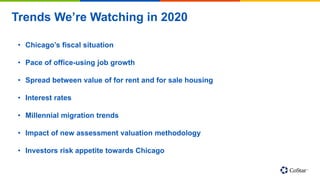 Trends We’re Watching in 2020
• Chicago’s fiscal situation
• Pace of office-using job growth
• Spread between value of for rent and for sale housing
• Interest rates
• Millennial migration trends
• Impact of new assessment valuation methodology
• Investors risk appetite towards Chicago
 