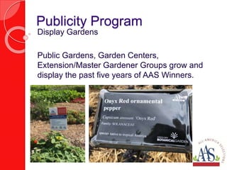 Publicity Program
Display Gardens
Public Gardens, Garden Centers,
Extension/Master Gardener Groups grow and
display the past five years of AAS Winners.
 