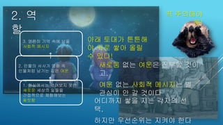 2. 역
할
꼭 주의해야
해!
1. 현실에서는 겪어보지 못한
새로운 세상의 일들을
간접적으로 체험해보는
짜릿함
2. 인물의 서사가 영화 속
인물처럼 남기는 깊은 여운
3. 영원히 기억 속에 남을
사회적 메시지
아래 토대가 튼튼해
야 위로 쌓아 올릴
수 있다!
새로움 없는 여운은 진부할 것이
고,
여운 없는 사회적 메시지는 별
관심이 안 갈 것이다
어디까지 쌓을 지는 각자의 선
택,
하지만 우선순위는 지켜야 한다
 