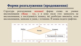 Форми розгалуження (продовження)
Структура розгалуження неповної форми схожа на умовне
висловлювання «Якщо - то», у я кому після «то» записують не
висловлювання, а послідовність команд, які необхідно виконати, коли
висловлювання, записане в умові, є істинним. ЇЇ можна подати графічно.
 