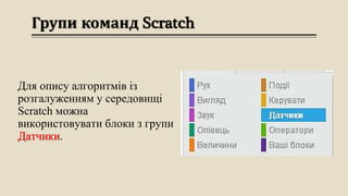 Групи команд Scratch
Для опису алгоритмів із
розгалуженням у середовищі
Scratch можна
використовувати блоки з групи
Датчики.
 