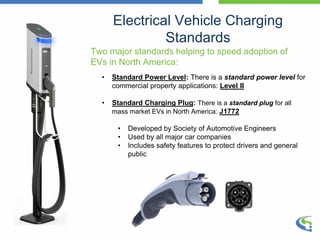 Electrical Vehicle Charging
Standards
• Standard Power Level: There is a standard power level for
commercial property applications: Level II
• Standard Charging Plug: There is a standard plug for all
mass market EVs in North America: J1772
• Developed by Society of Automotive Engineers
• Used by all major car companies
• Includes safety features to protect drivers and general
public
Two major standards helping to speed adoption of
EVs in North America:
 