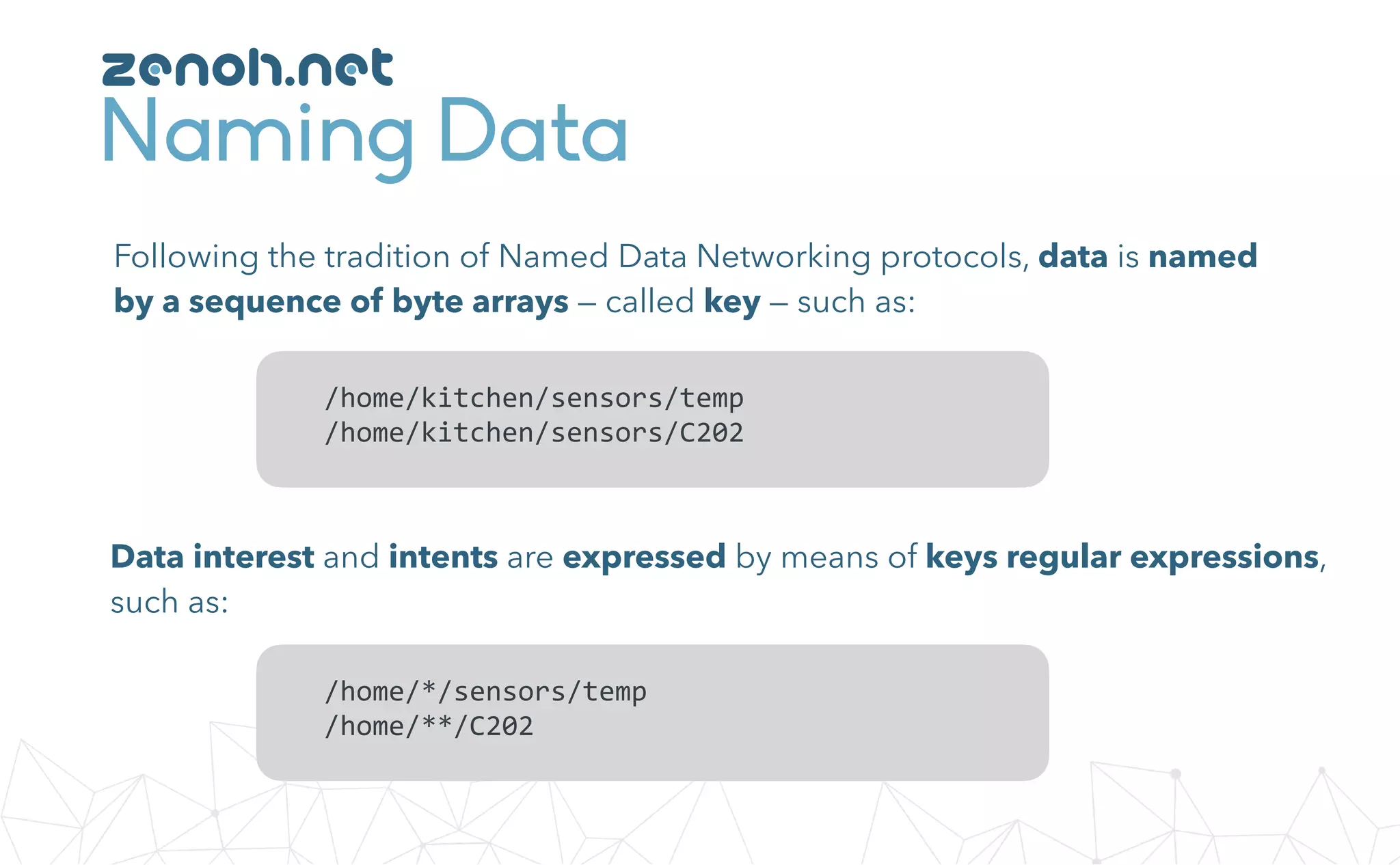 Naming Data
Following the tradition of Named Data Networking protocols, data is named
by a sequence of byte arrays — called key — such as:
				/home/kitchen/sensors/temp	
				/home/kitchen/sensors/C202
Data interest and intents are expressed by means of keys regular expressions,
such as:
				/home/*/sensors/temp	
				/home/**/C202
zenoh.net
 