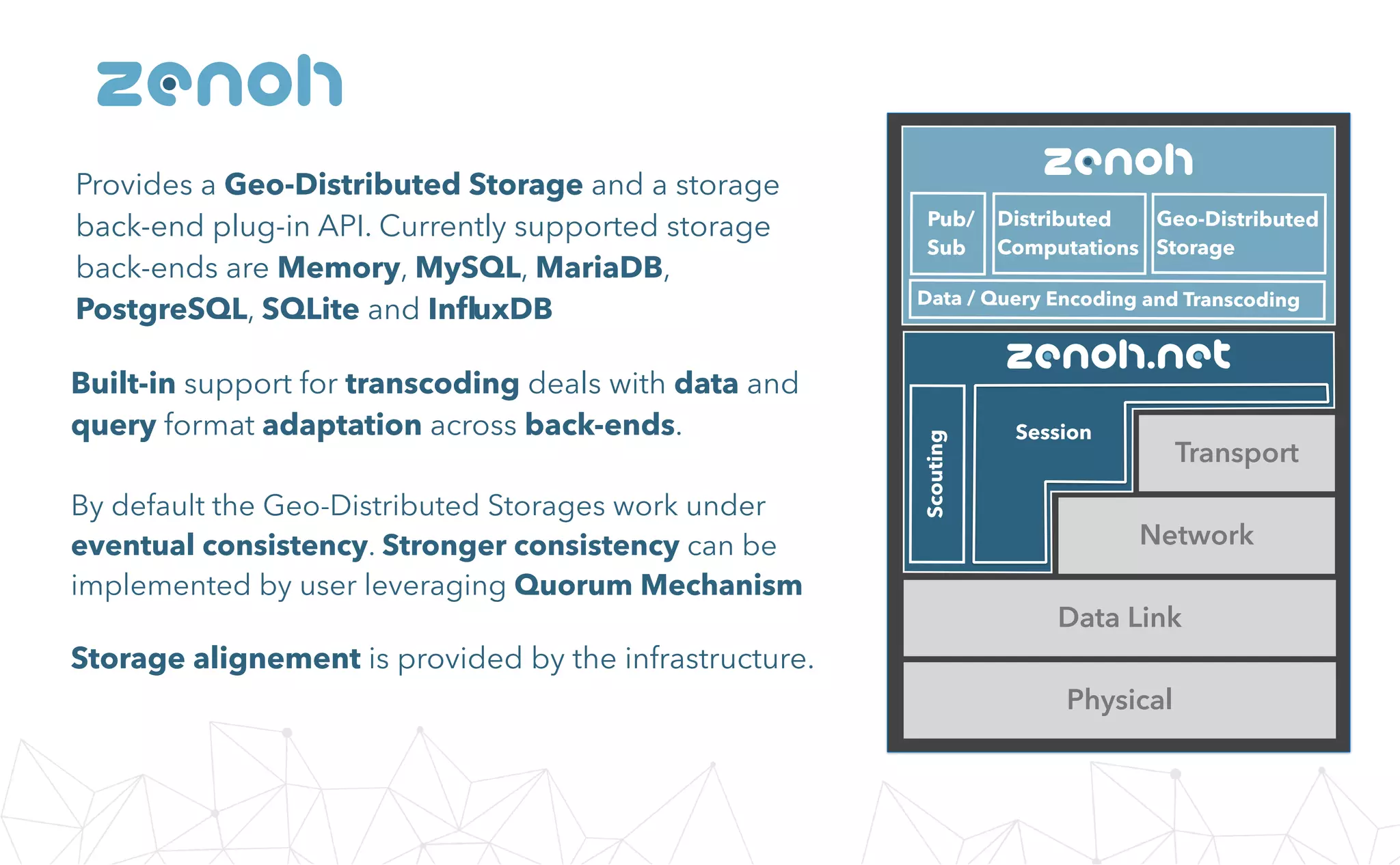 Provides a Geo-Distributed Storage and a storage
back-end plug-in API. Currently supported storage
back-ends are Memory, MySQL, MariaDB,
PostgreSQL, SQLite and InﬂuxDB
zenoh
Built-in support for transcoding deals with data and
query format adaptation across back-ends.
By default the Geo-Distributed Storages work under
eventual consistency. Stronger consistency can be
implemented by user leveraging Quorum Mechanism
Storage alignement is provided by the infrastructure.
Data Link
Network
Transport
Physical
zenoh
zenoh.net
Distributed
Computations
Geo-Distributed
Storage
Pub/
Sub
Data / Query Encoding and Transcoding
Session
Scouting
 