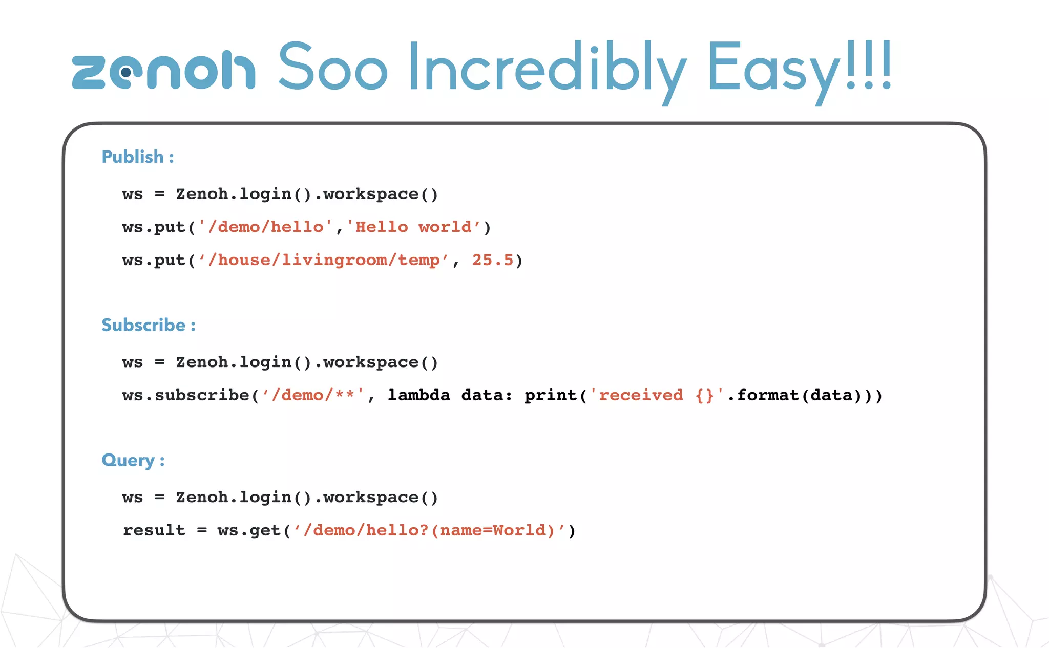 Soo Incredibly Easy!!!
Publish :
ws = Zenoh.login().workspace()
ws.put('/demo/hello','Hello world’)
ws.put(‘/house/livingroom/temp’, 25.5)
Subscribe :
ws = Zenoh.login().workspace()
ws.subscribe(‘/demo/**', lambda data: print('received {}'.format(data)))
Query :
ws = Zenoh.login().workspace()
result = ws.get(‘/demo/hello?(name=World)’)
zenoh
 