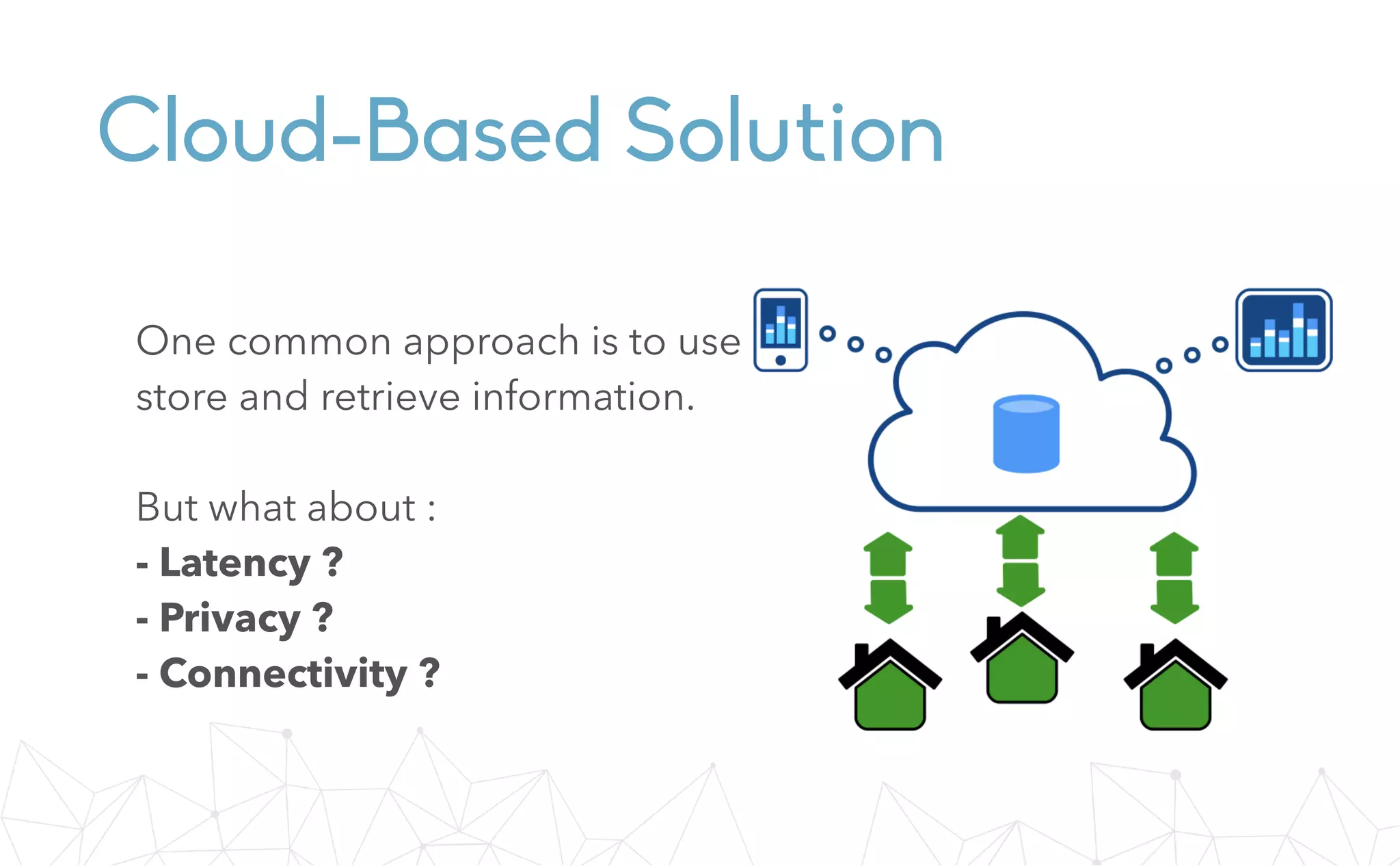 Cloud-Based Solution
One common approach is to use the cloud as the place to
store and retrieve information.
But what about :
- Latency ?
- Privacy ?
- Connectivity ?
 
