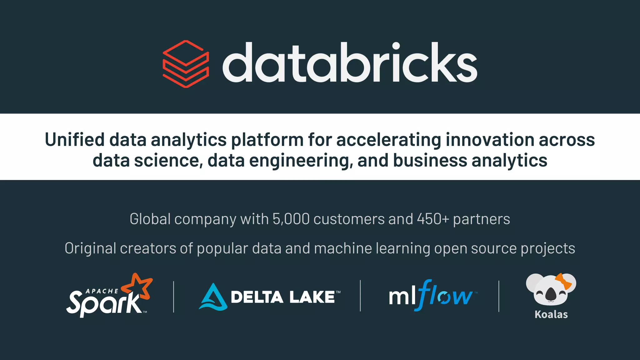 Unified data analytics platform for accelerating innovation across
data science, data engineering, and business analytics
Original creators of popular data and machine learning open source projects
Global company with 5,000 customers and 450+ partners
 