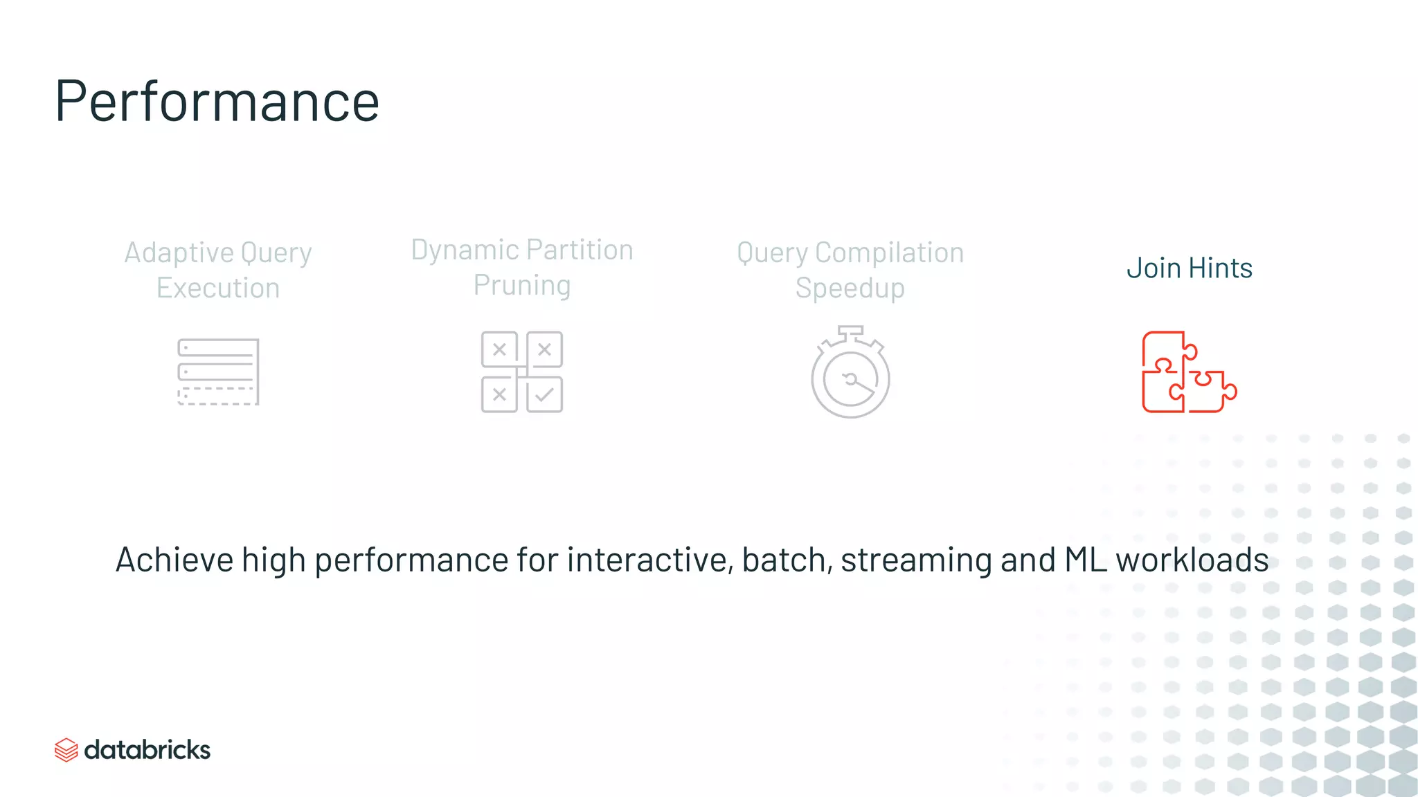 Performance
Achieve high performance for interactive, batch, streaming and ML workloads
Adaptive Query
Execution
Dynamic Partition
Pruning
Join Hints
Query Compilation
Speedup
 