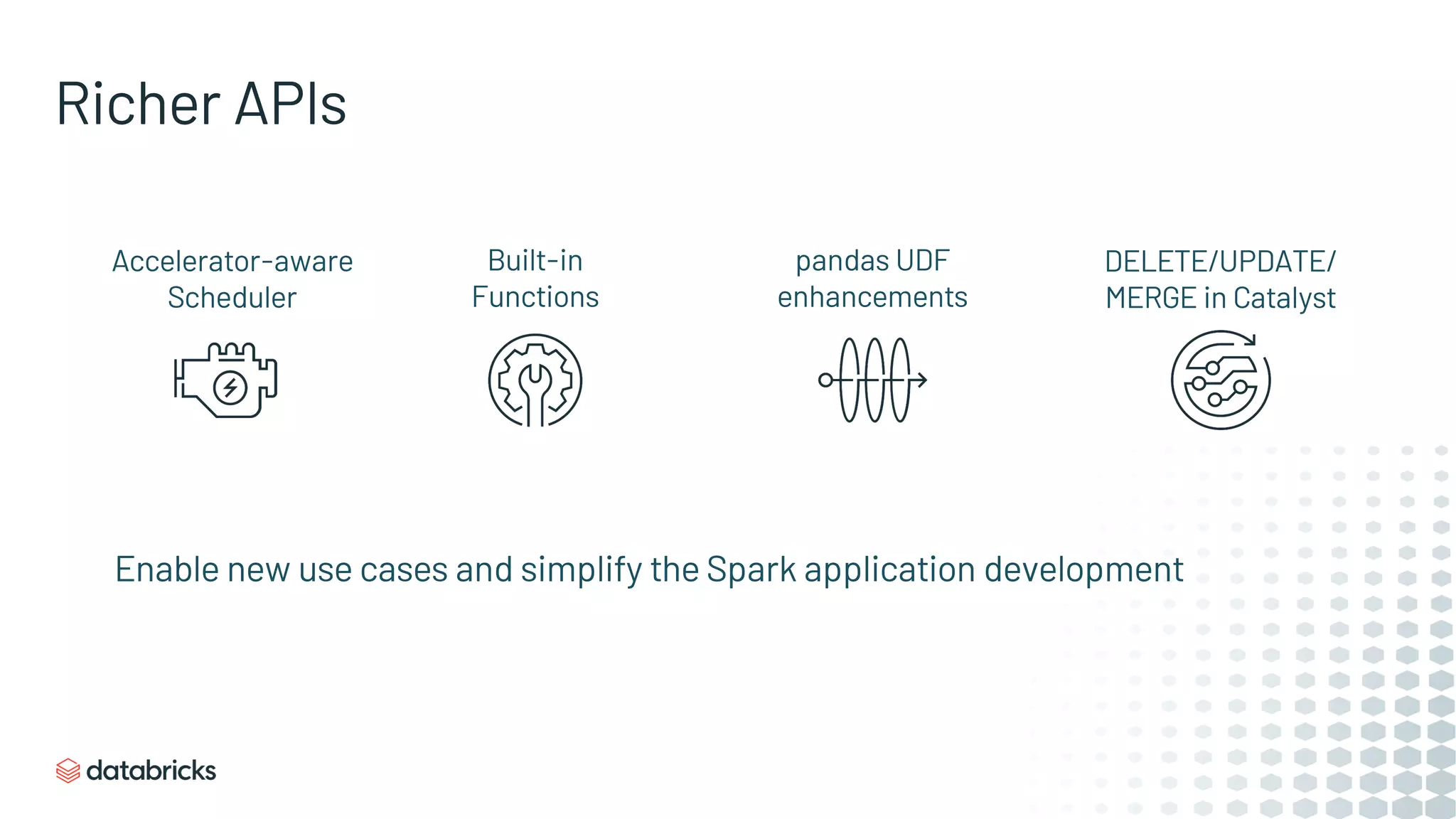 Enable new use cases and simplify the Spark application development
Accelerator-aware
Scheduler
Built-in
Functions
pandas UDF
enhancements
DELETE/UPDATE/
MERGE in Catalyst
Richer APIs
 