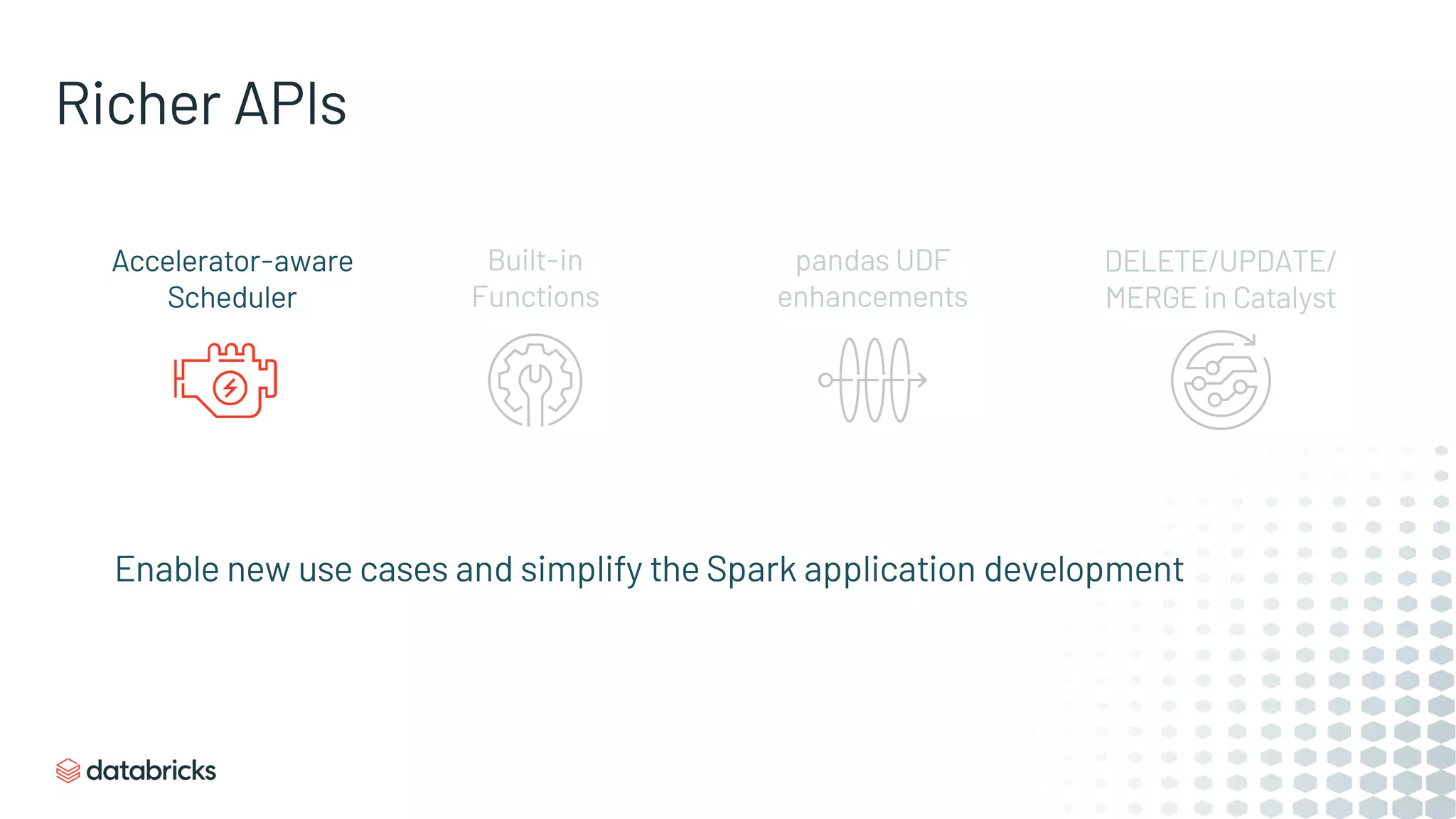 Enable new use cases and simplify the Spark application development
Accelerator-aware
Scheduler
Built-in
Functions
pandas UDF
enhancements
DELETE/UPDATE/
MERGE in Catalyst
Richer APIs
 