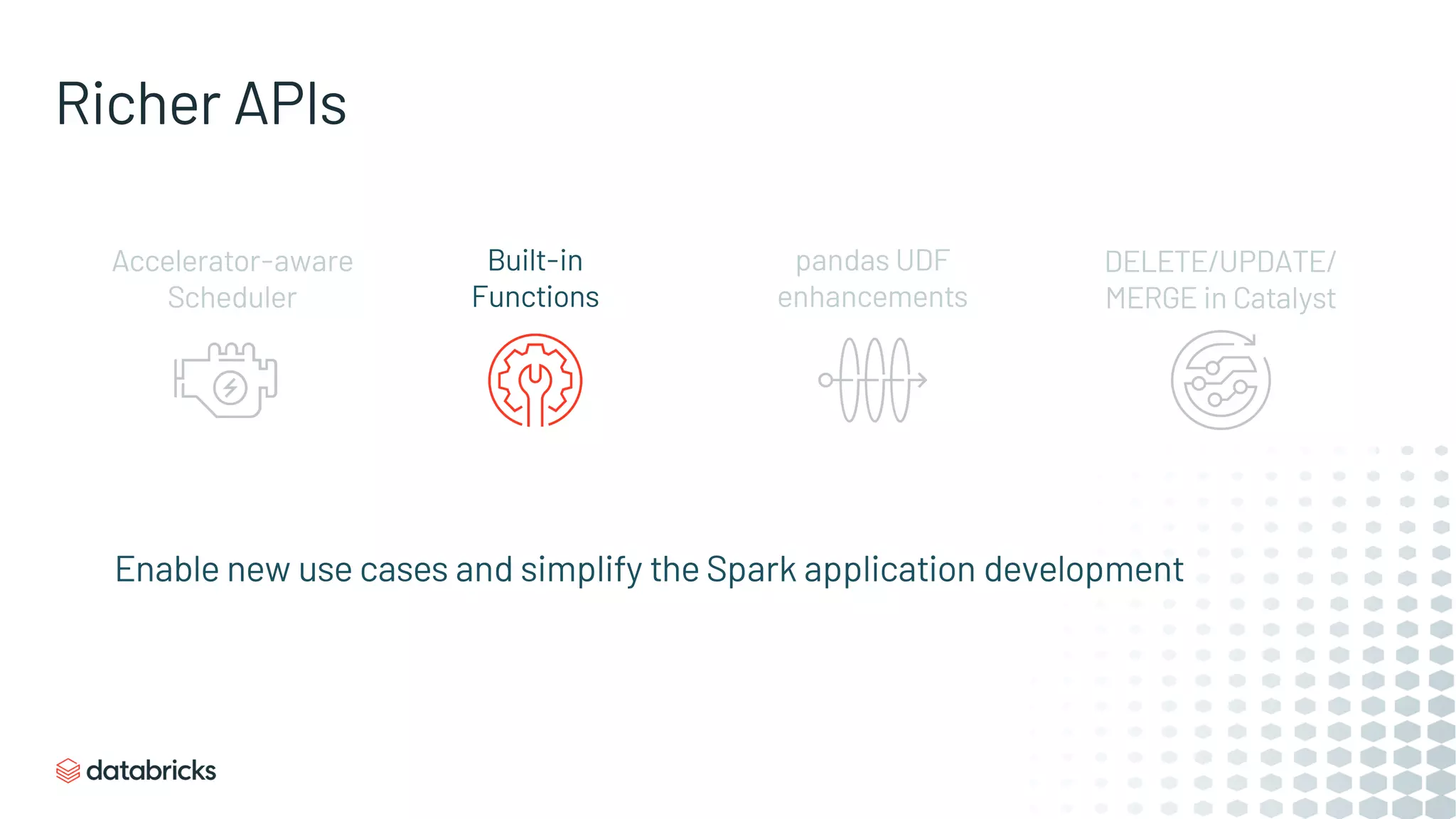 Enable new use cases and simplify the Spark application development
Richer APIs
Accelerator-aware
Scheduler
Built-in
Functions
pandas UDF
enhancements
DELETE/UPDATE/
MERGE in Catalyst
 
