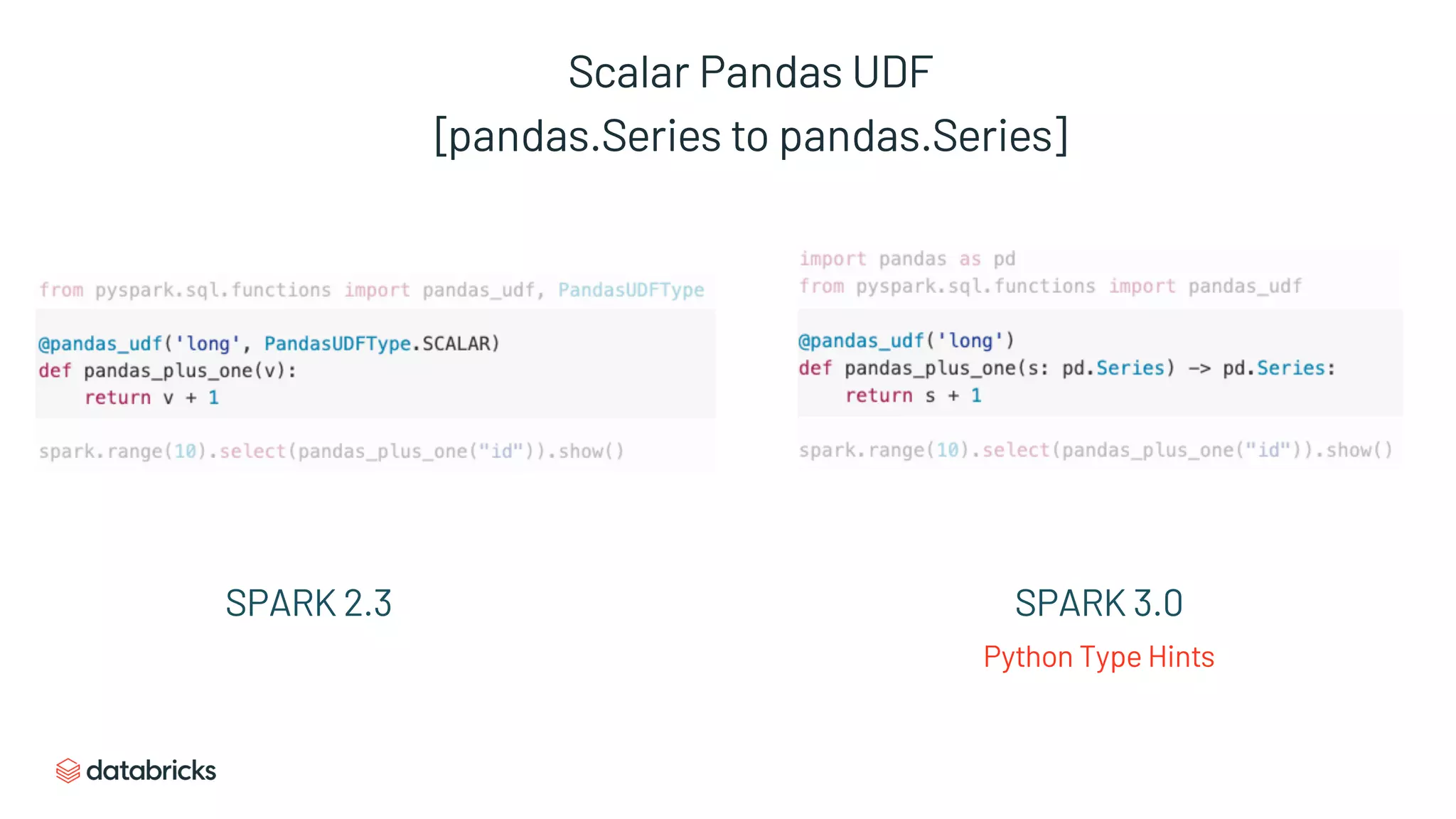 Scalar Pandas UDF
[pandas.Series to pandas.Series]
SPARK 2.3 SPARK 3.0
Python Type Hints
 