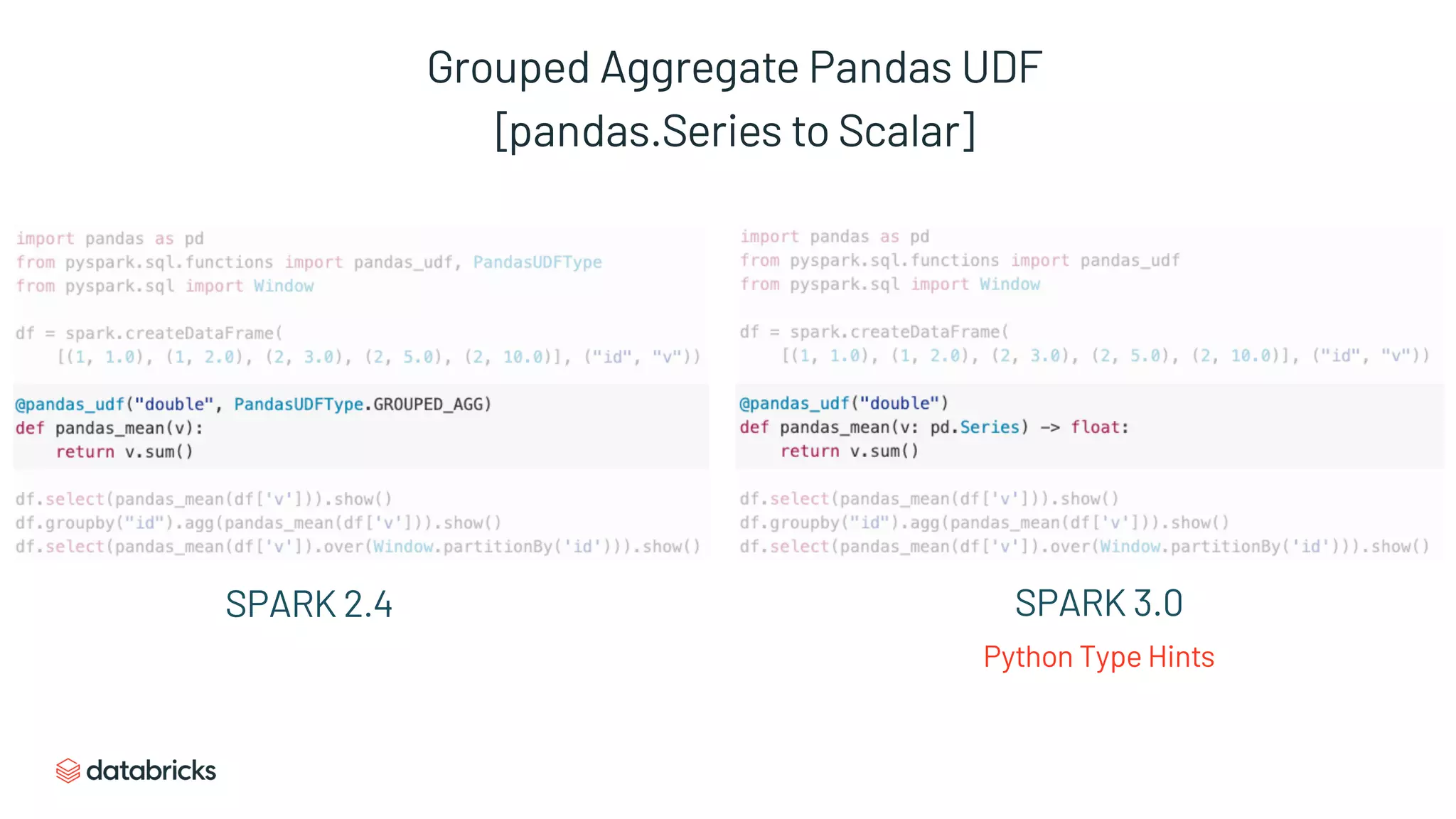 Grouped Aggregate Pandas UDF
[pandas.Series to Scalar]
SPARK 2.4 SPARK 3.0
Python Type Hints
 