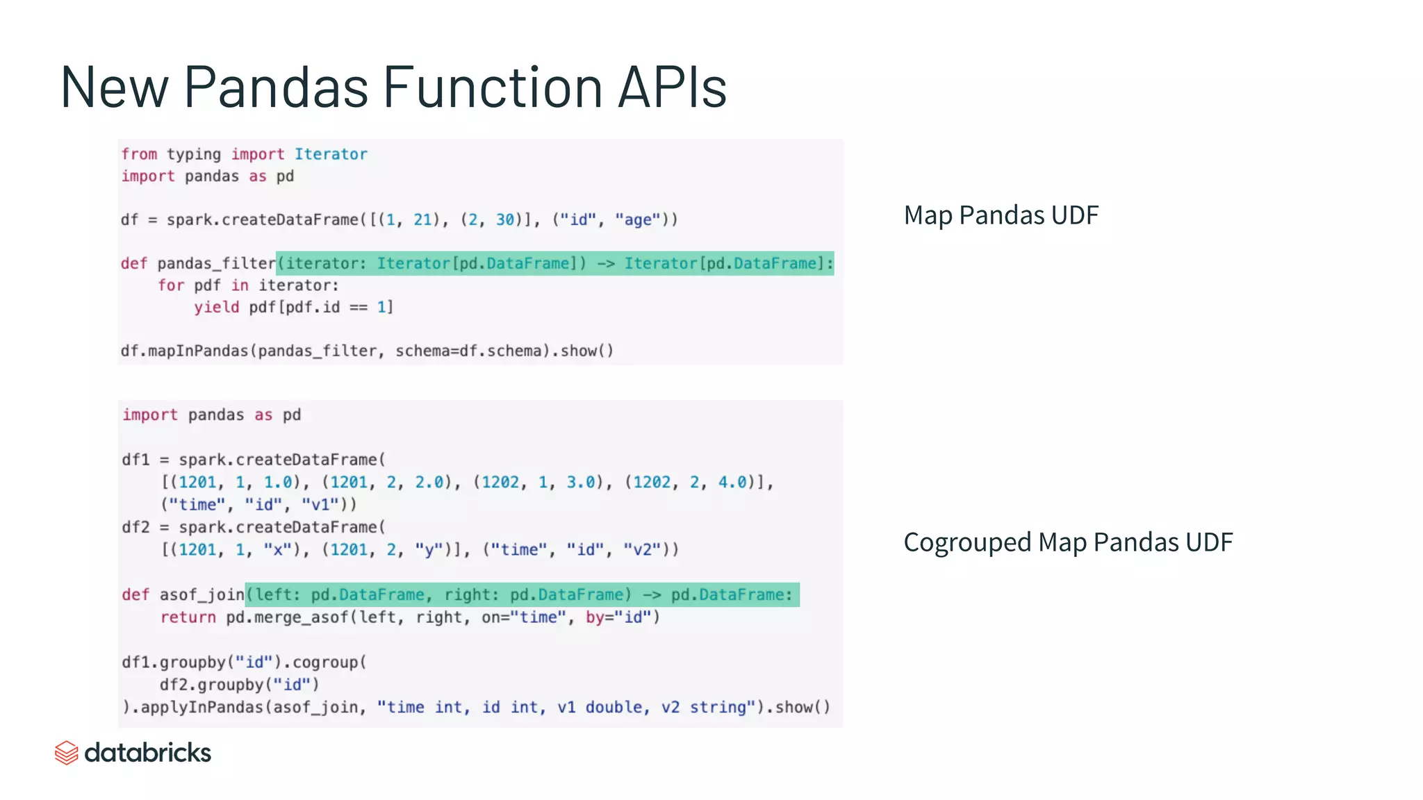 Map Pandas UDF
Cogrouped Map Pandas UDF
New Pandas Function APIs
 