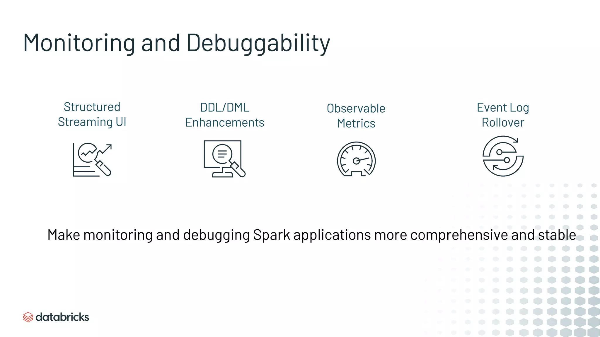 Make monitoring and debugging Spark applications more comprehensive and stable
Structured
Streaming UI
DDL/DML
Enhancements
Observable
Metrics
Event Log
Rollover
Monitoring and Debuggability
 