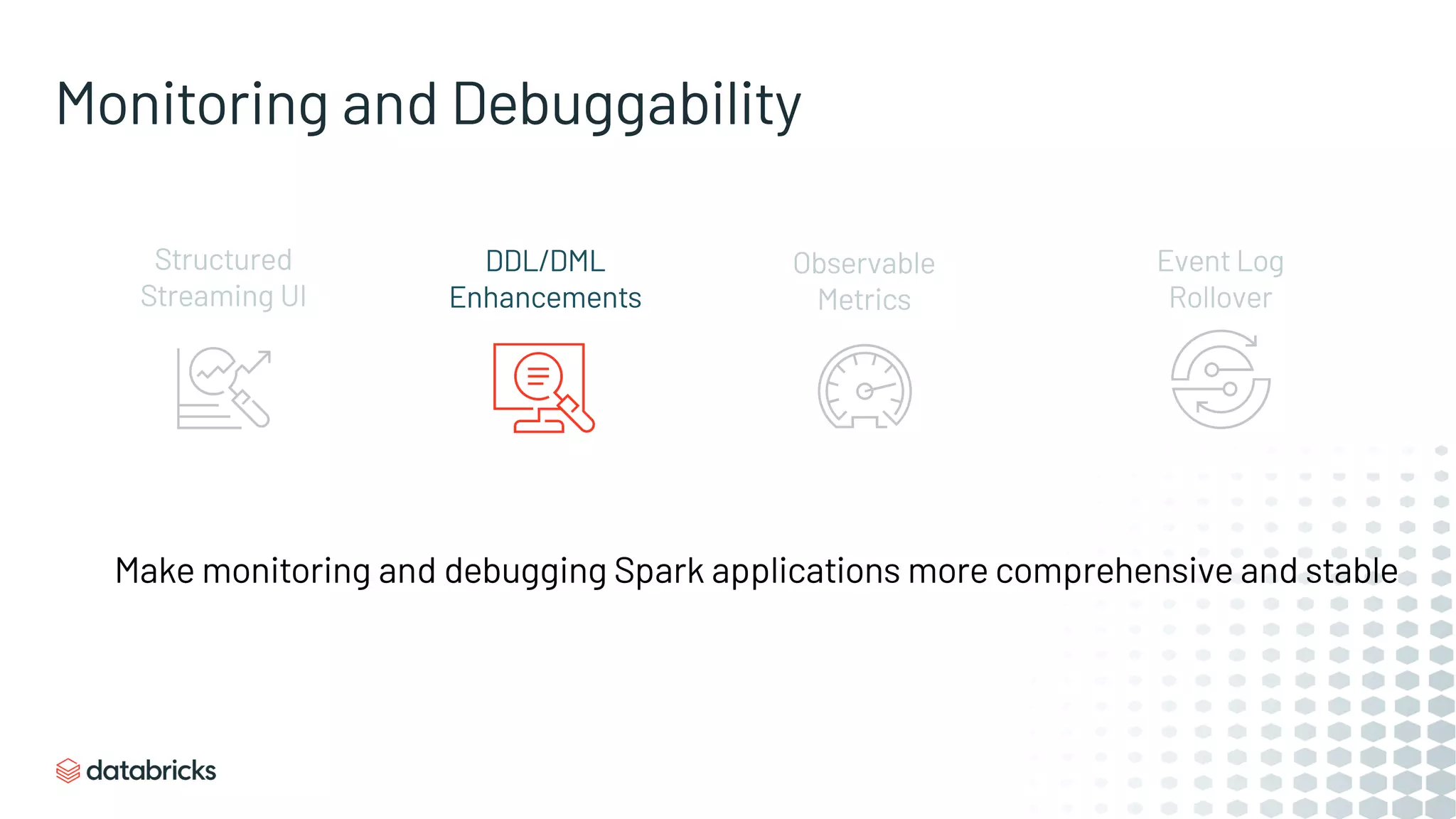 Make monitoring and debugging Spark applications more comprehensive and stable
Monitoring and Debuggability
Structured
Streaming UI
DDL/DML
Enhancements
Observable
Metrics
Event Log
Rollover
 