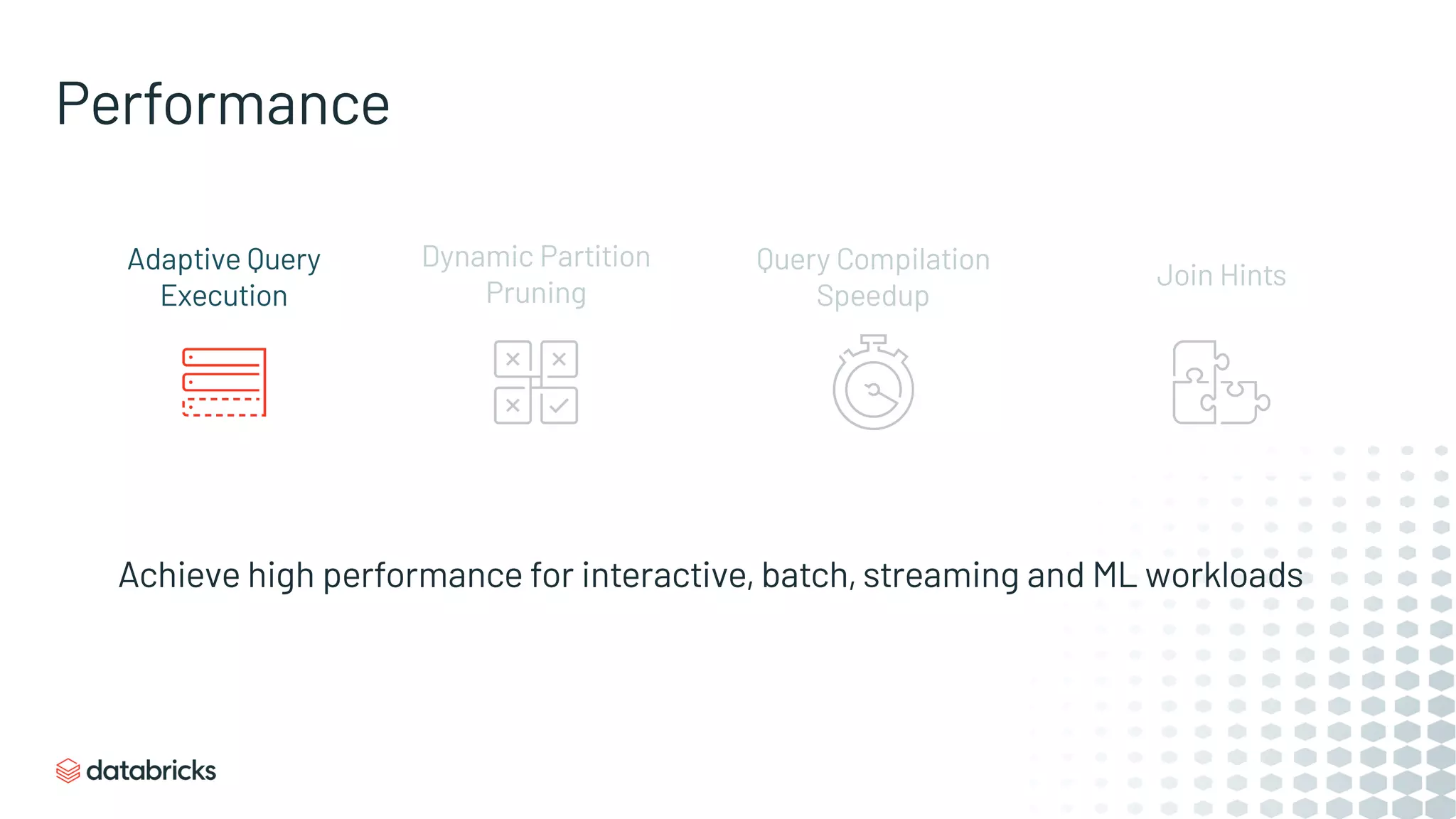 Performance
Achieve high performance for interactive, batch, streaming and ML workloads
Adaptive Query
Execution
Dynamic Partition
Pruning
Join Hints
Query Compilation
Speedup
 