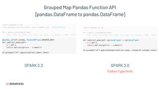 Grouped Map Pandas Function API
[pandas.DataFrame to pandas.DataFrame]
SPARK 2.3 SPARK 3.0
Python Type Hints
 