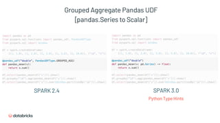 Grouped Aggregate Pandas UDF
[pandas.Series to Scalar]
SPARK 2.4 SPARK 3.0
Python Type Hints
 